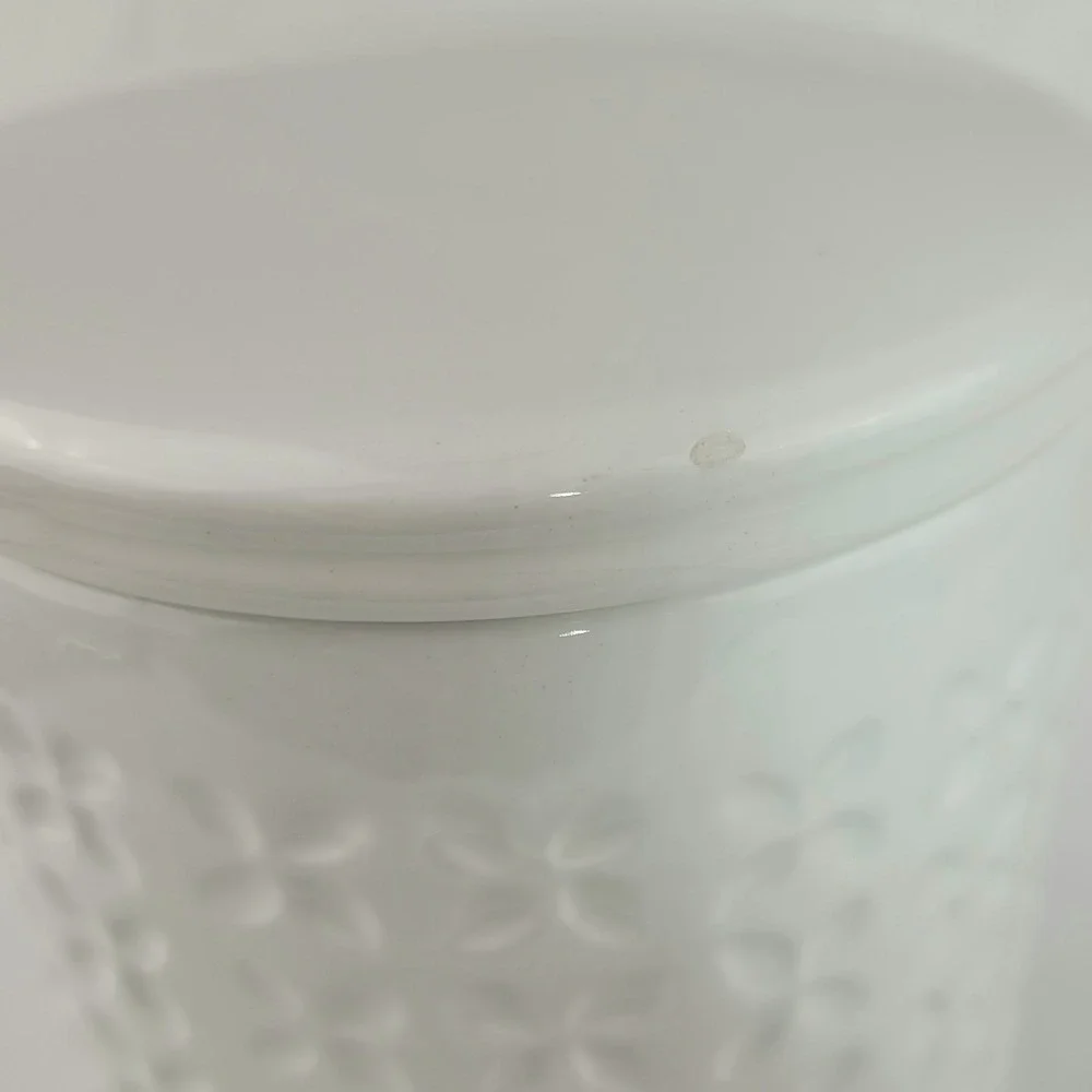 THL White Ceramic Coffee Canister Embossed Quatrefoil Brass Plaque Farmhouse